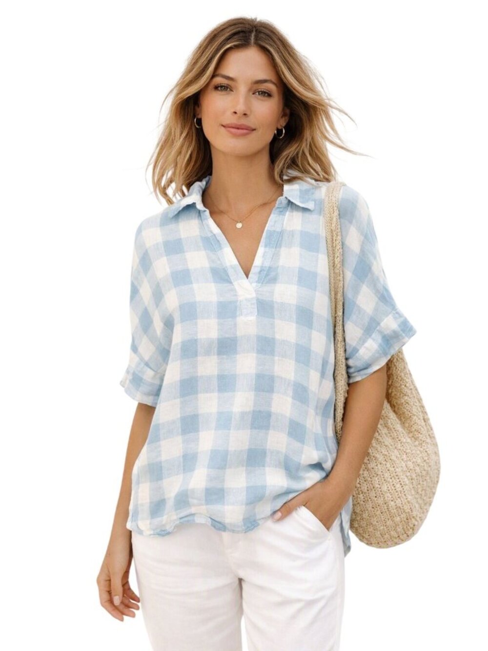 C&C California Blue White Gingham 100% Linen Cottage Coastal Blouse Womens M